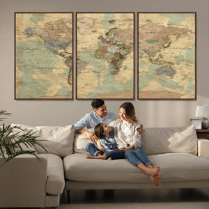 Vintage World Map Wall Art | Ready to Hang and Framed