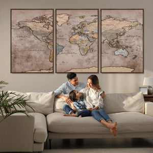 Grunge World Map Canvas Wall Art - Vintage Aged World Map