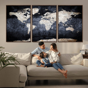 Vintage World Map Canvas Wall Art – Antique Triptych Map