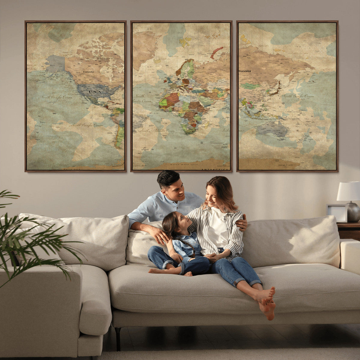 World Map Wall Art Canvas Print, Rustic Map Print, Framed