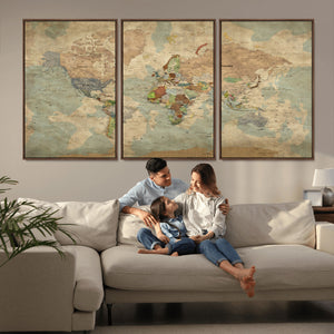 World Map Wall Art Canvas Print, Rustic Map Print, Framed