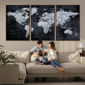 Black World Map Canvas Print – Detailed Map for Couples and