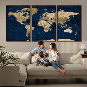 Navy Blue World Map Canvas Print – Detailed Map Minimal Navy