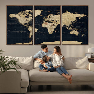 Dark World Map Canvas Wall Art Print, Minimal Black and Gold