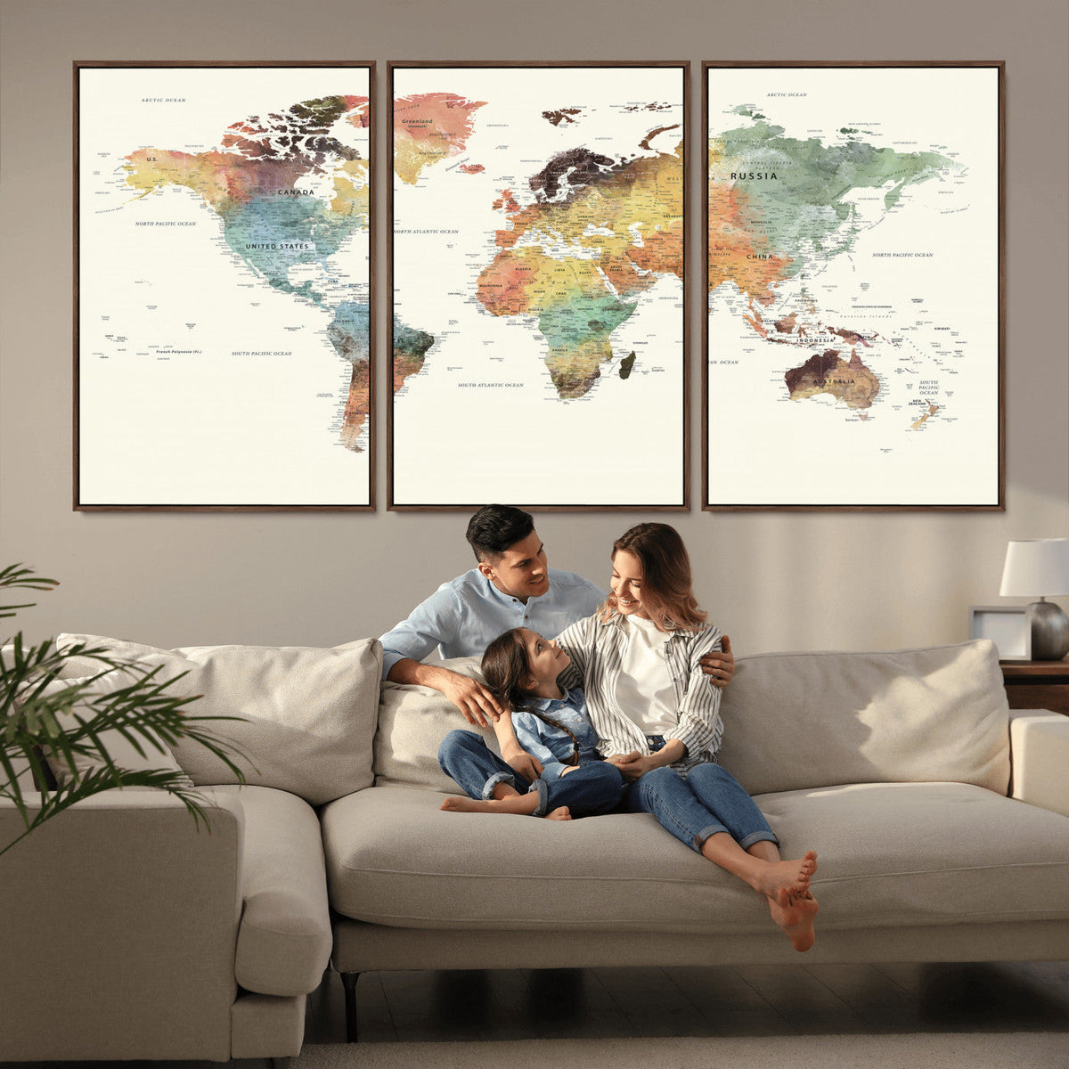 Framed World Map Wall Art Canvas Print for Living Room and