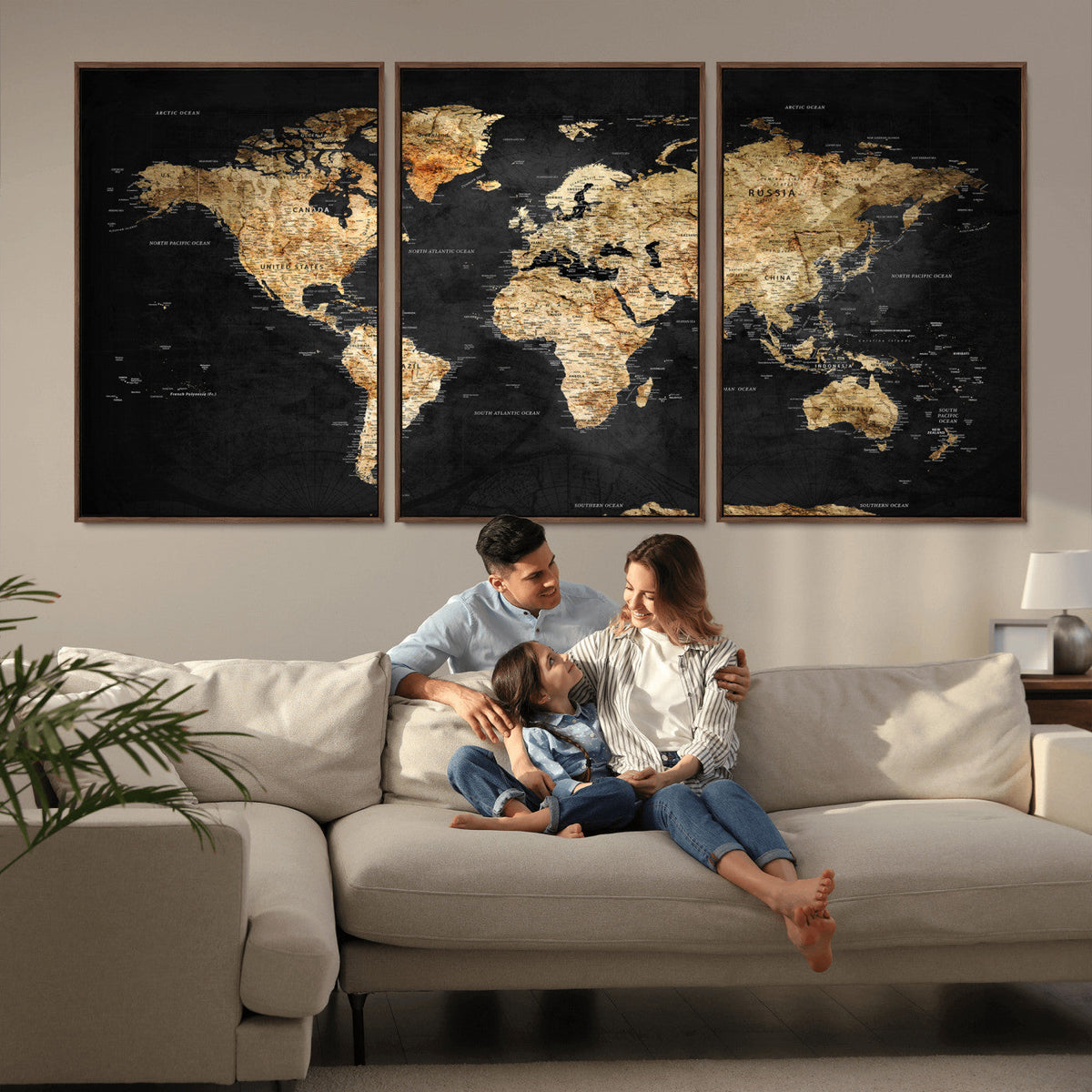 World Map Canvas Wall Art with Famous Landmarks – Framed