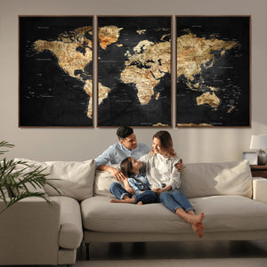 World Map Canvas Wall Art with Famous Landmarks – Framed