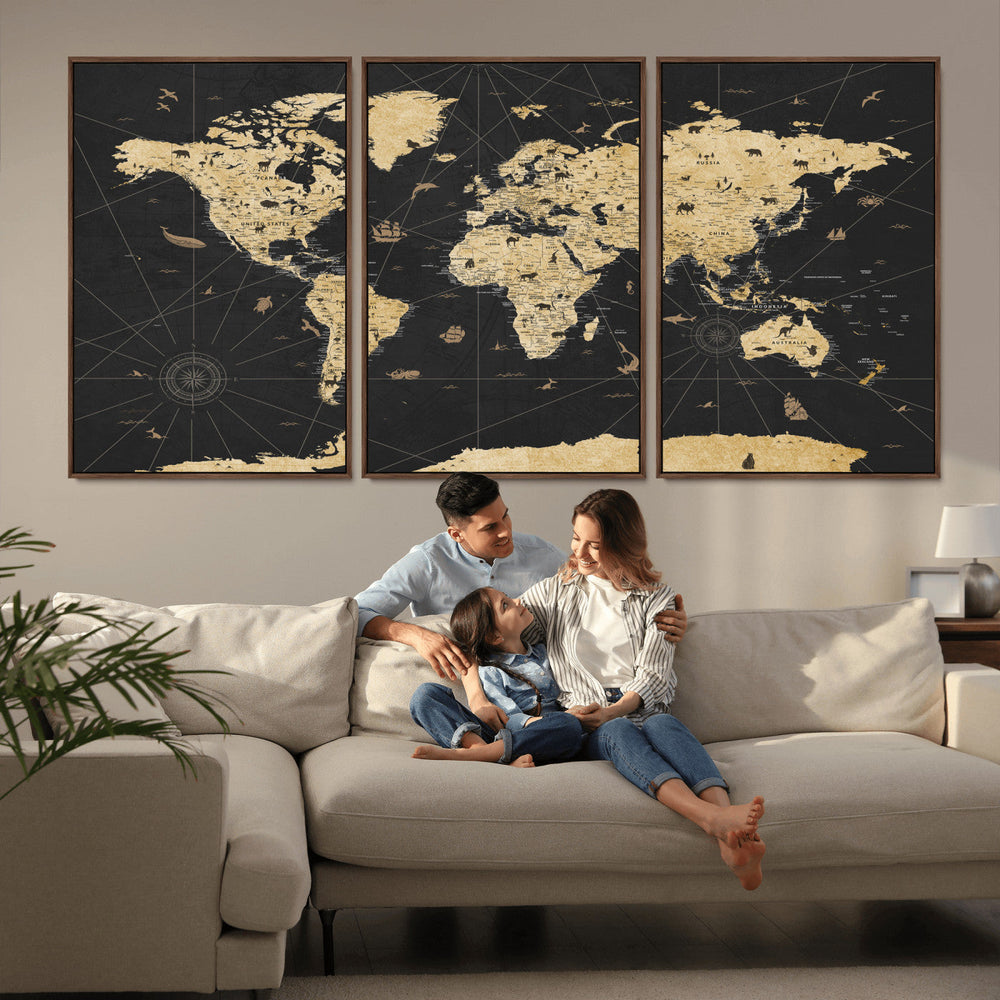 Vintage Blue and Brown World Map Canvas Wall Art – Framed