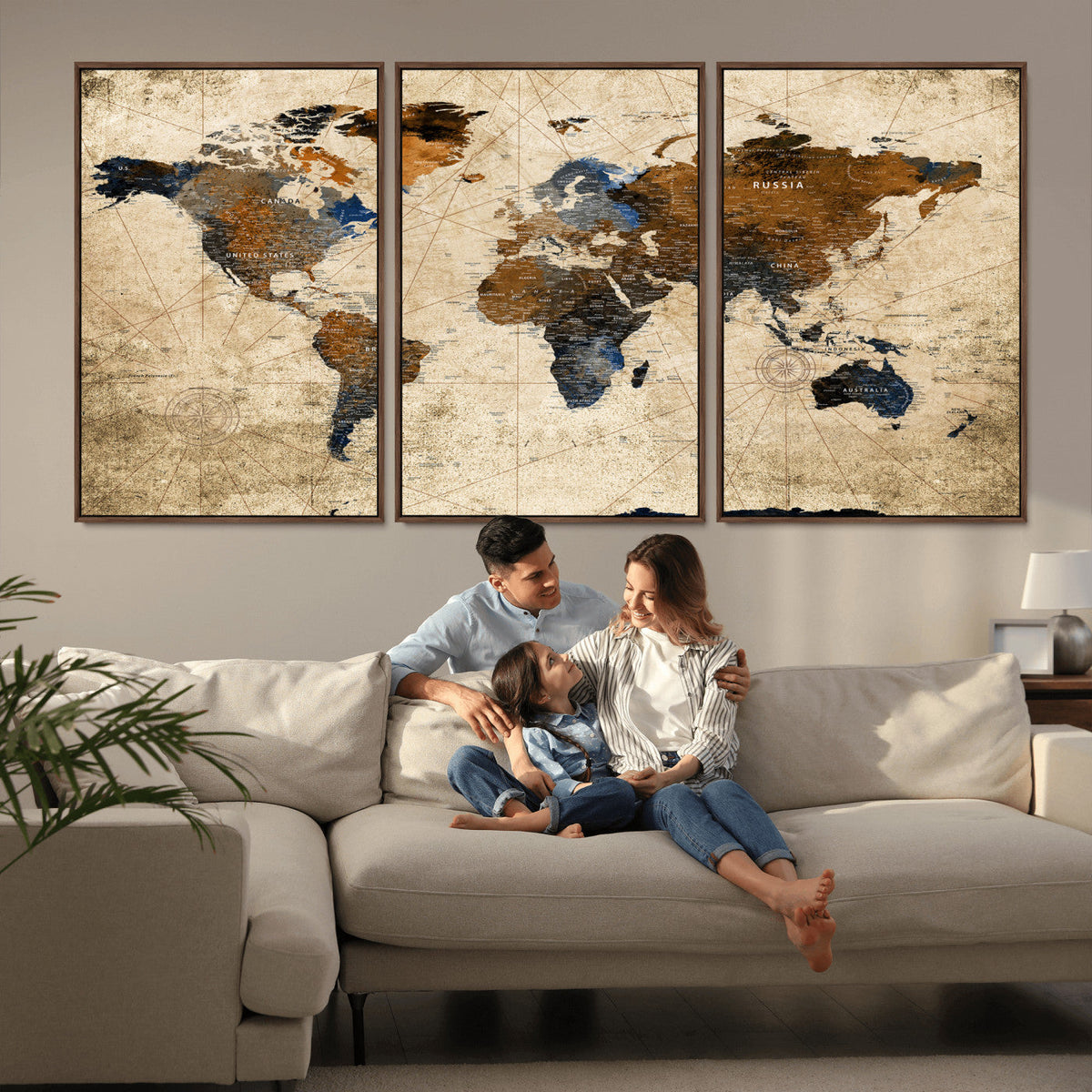 World Map Wall Art – Rustic Earth Tone Canvas Print, Antique