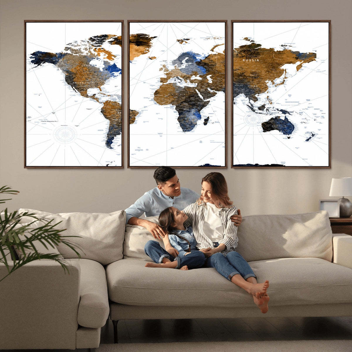 World Map Wall Art Canvas Print, Modern Decorative Framed