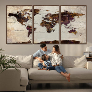 World Map Canvas Triptych – Colorful Global Wall Art for