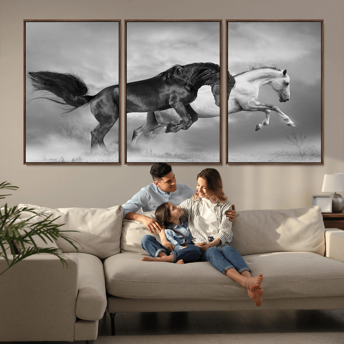Wild Horses Wall Art Canvas Print – Framed Black and White