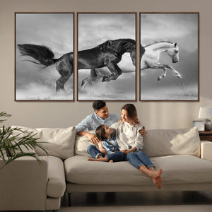 Wild Horses Wall Art Canvas Print – Framed Black and White