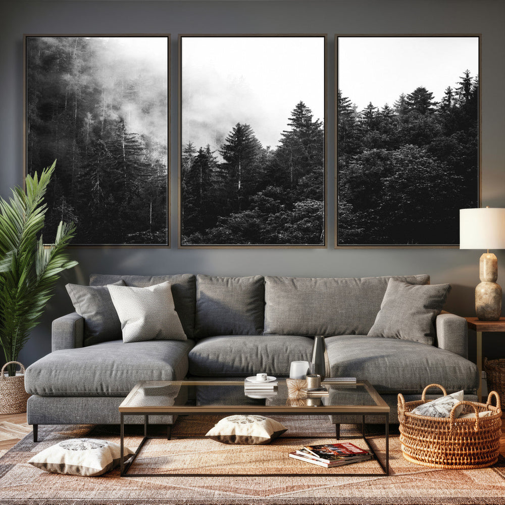 Black White Forest Wall Art Canvas Print, Misty Pine Tree