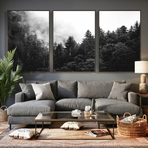 Black White Forest Wall Art Canvas Print, Misty Pine Tree