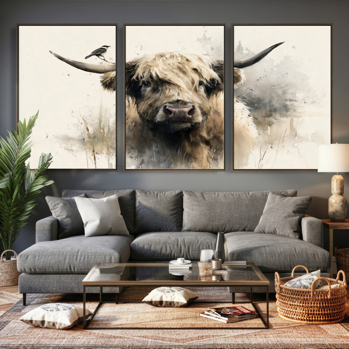 Abstract Highland Cow Wall Art Canvas Print, Rustic Farm