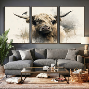 Abstract Highland Cow Wall Art Canvas Print, Rustic Farm
