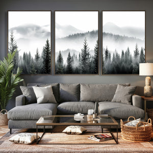Misty Pine Forest Mountain Landscape Wall Art Canvas Print