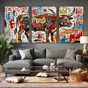 Texas Bull Wall Art Canvas Print, Abstract Graffiti Bull