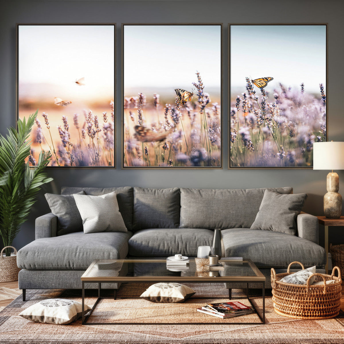 Lavender Field Wall Art Canvas Print, Butterfly Floral