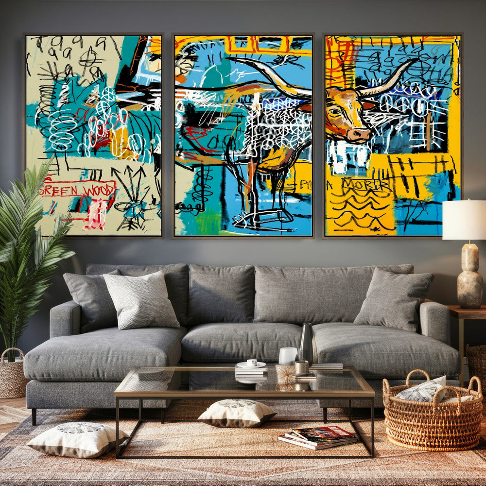 Basquiat Style Bird Bull Graffiti Wall Art Canvas Print,