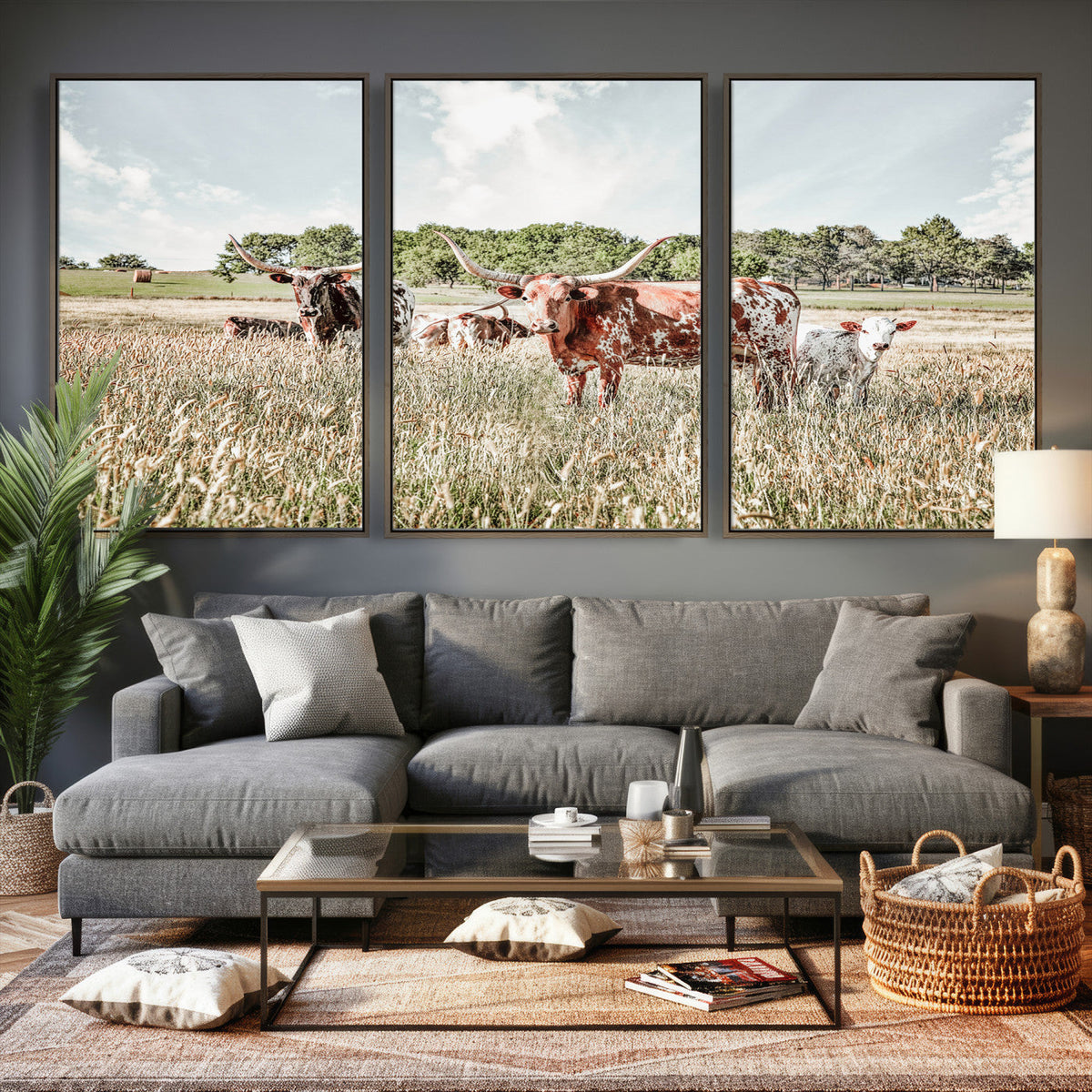 Texas Longhorn Cattle Wall Art Canvas Print, Rustic Ranch