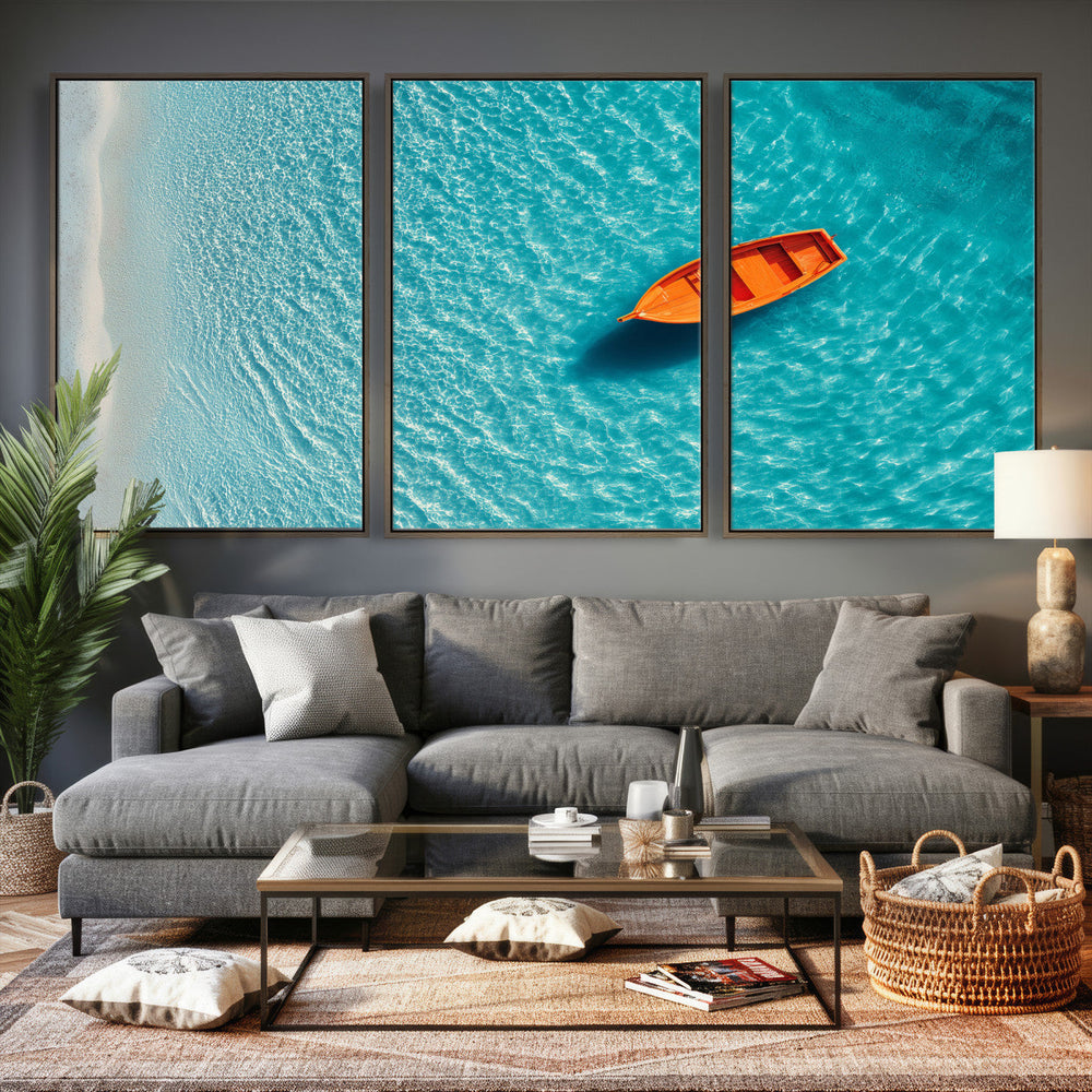 Minimalist Boat Wall Art Canvas Print, Aerial Sea Landscape