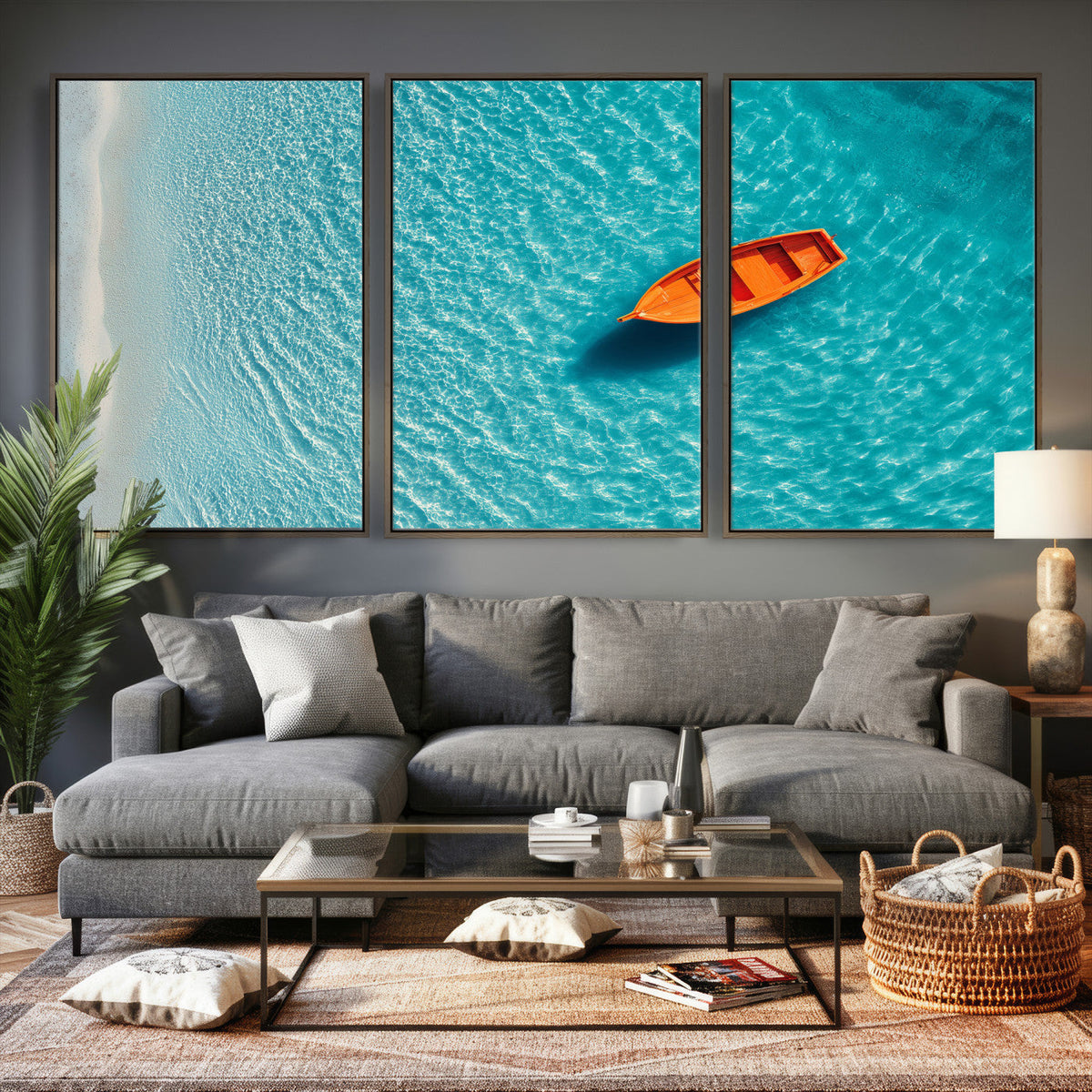 Minimalist Boat Wall Art Canvas Print, Aerial Sea Landscape