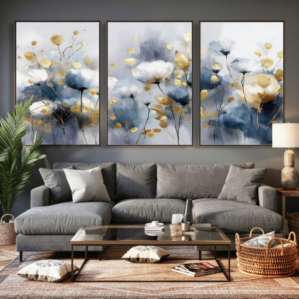 Large Abstract Flowers Wall Art Canvas Print – Gold and Blue