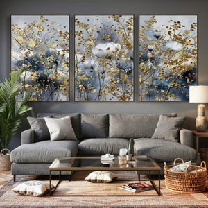Abstract Floral Wall Art Canvas Print – Gold and Blue