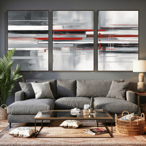 Gray Red Abstract Wall Art Canvas Print, Modern Abstract