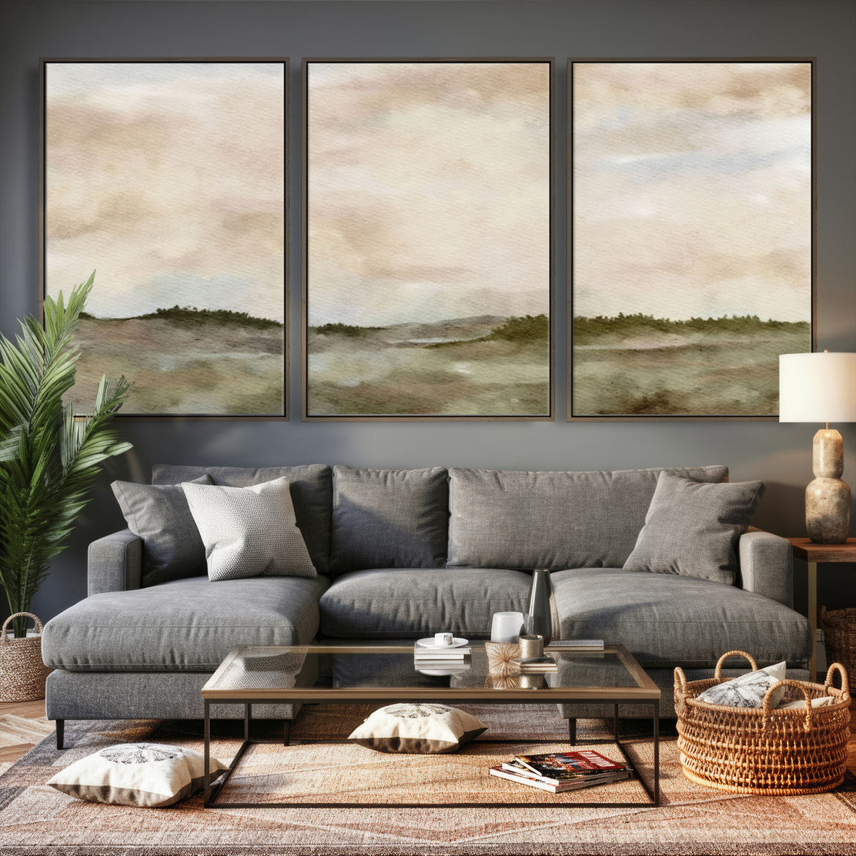 Muted Watercolor Hill Landscape Print — Beige Taupe Cloudy