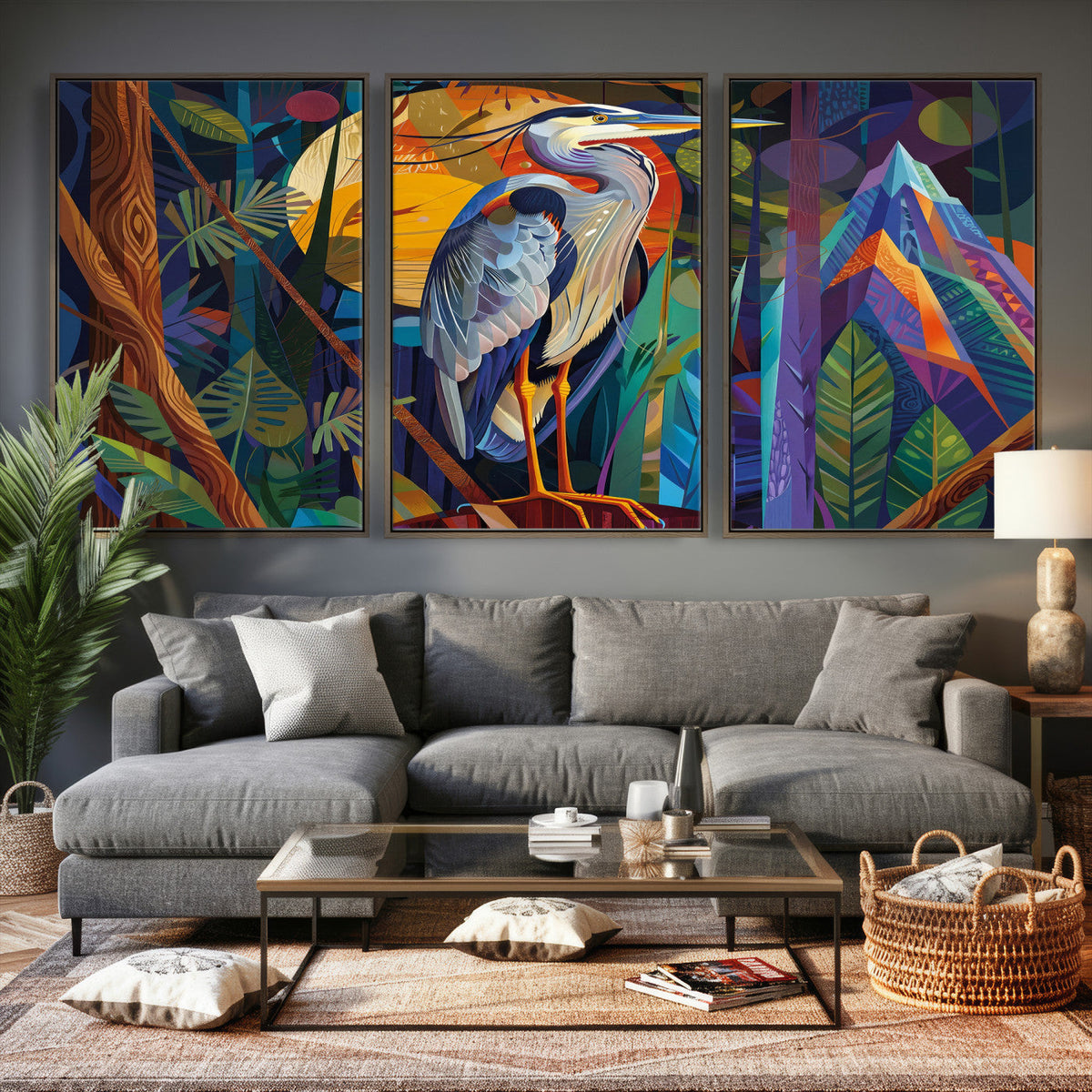 Colorful Heron Wall Art Canvas Print Tropical Bird Abstract