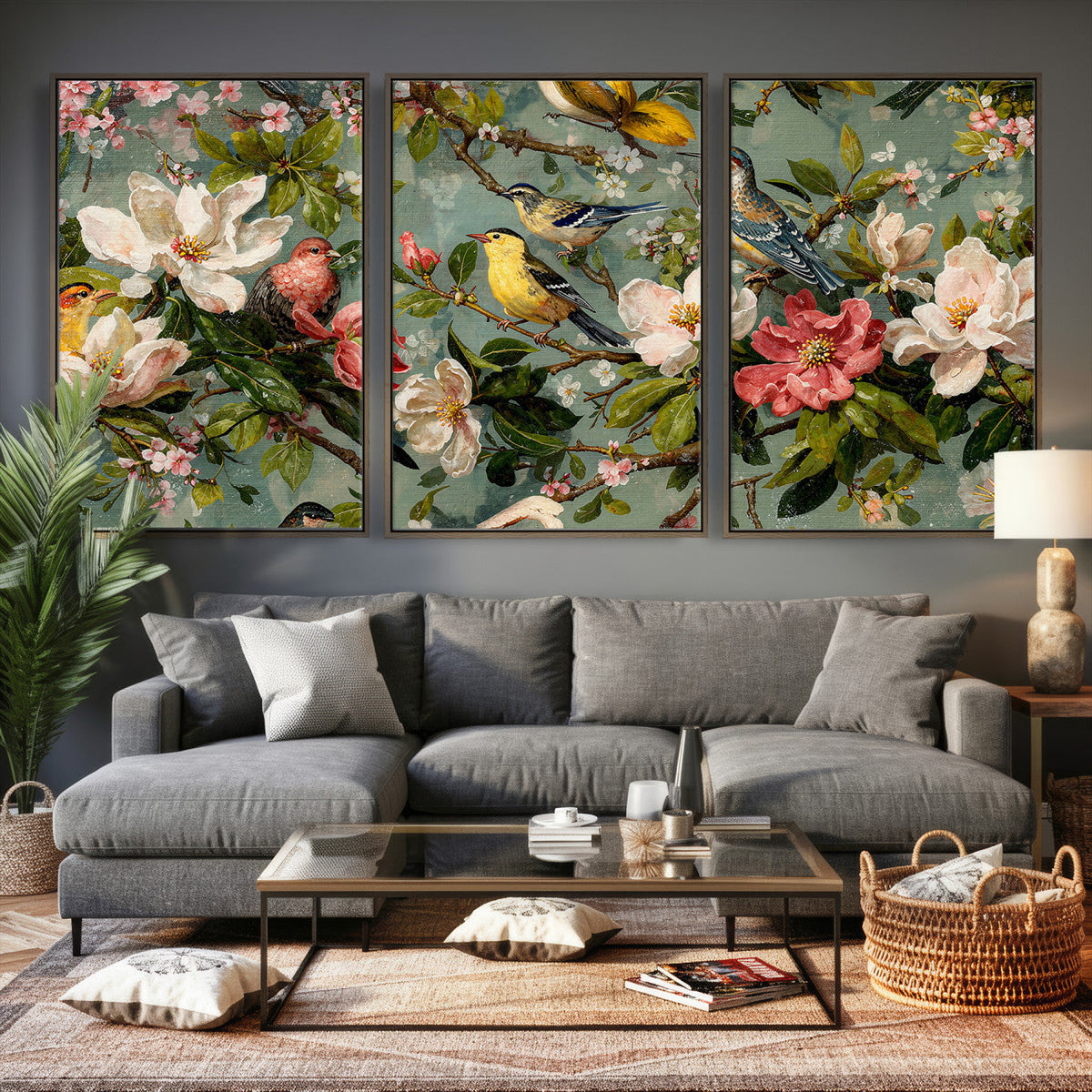 Vintage Birds and Flowers Wide Wall Art: Extra Large