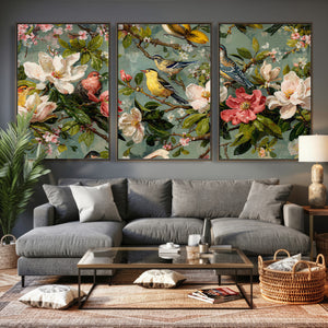 Vintage Birds and Flowers Wide Wall Art: Extra Large