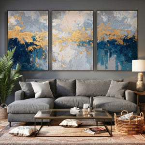 Blue Gold Abstract Large Framed Canvas Wall Art, Modern