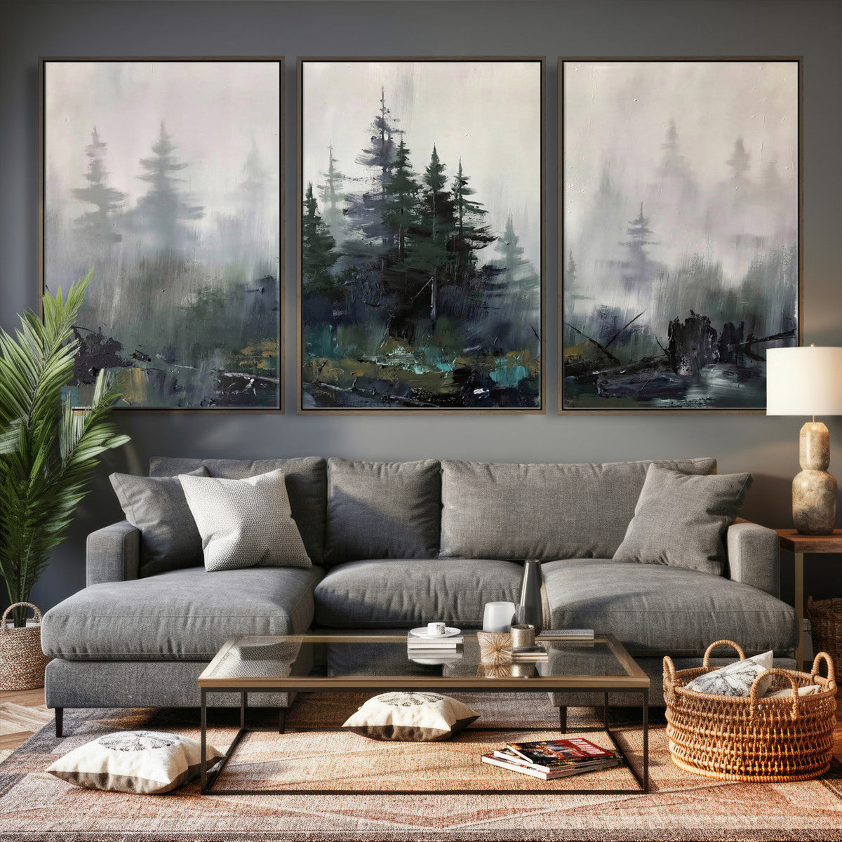 Misty Pine Forest Oil Painting Canvas — Dark Moody Teal Grey