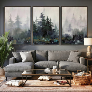Misty Pine Forest Oil Painting Canvas — Dark Moody Teal Grey