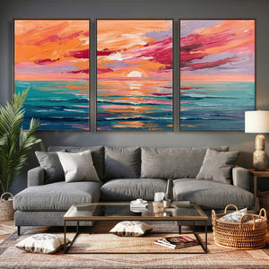 Bold Palette Knife Ocean Sunset Canvas — Orange Pink Teal