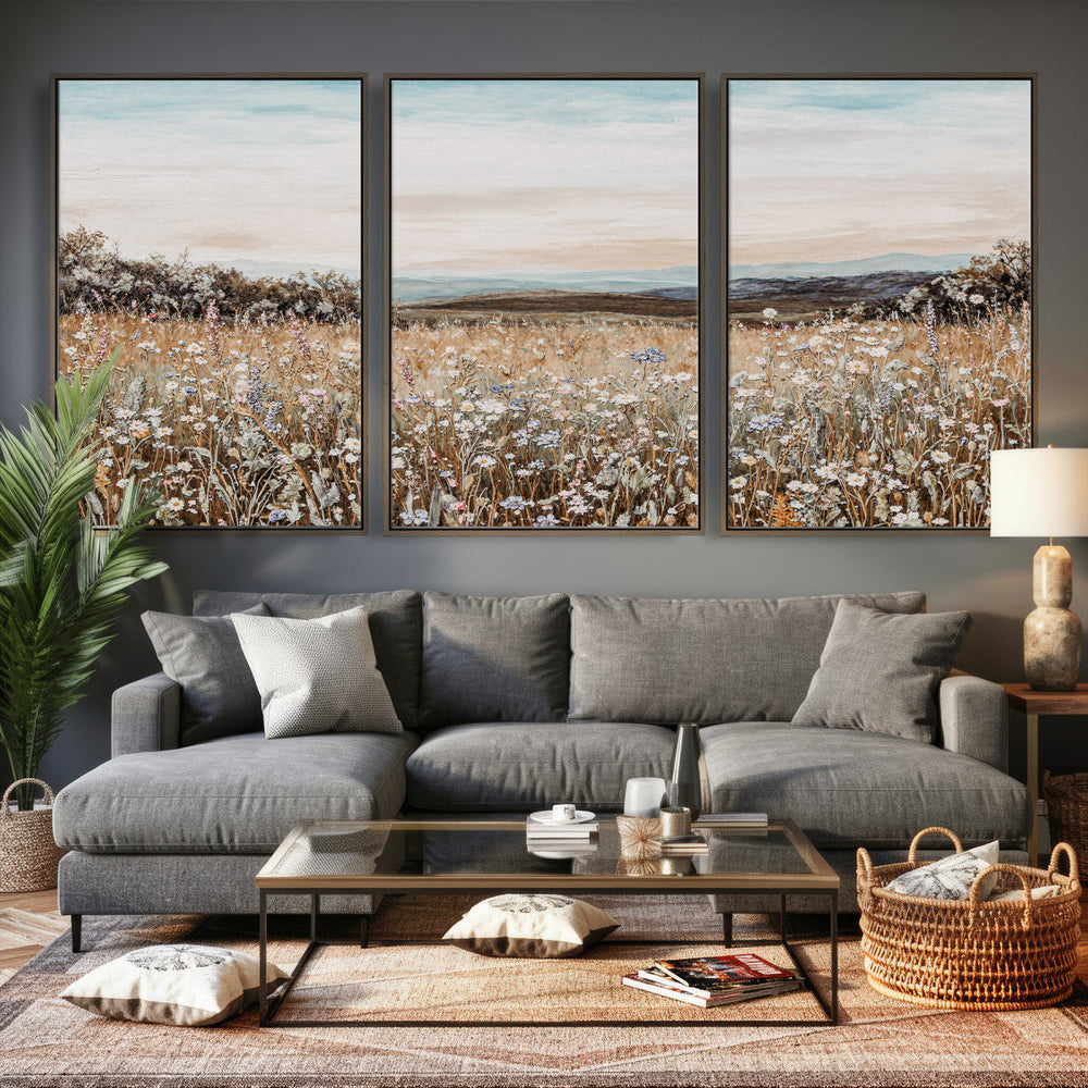 Neutral Wildflower Field Canvas Wall Art — Beige Earth Tone
