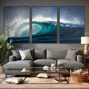 Ocean Wave Canvas Wall Art, Dramatic Teal Blue Seascape Oil