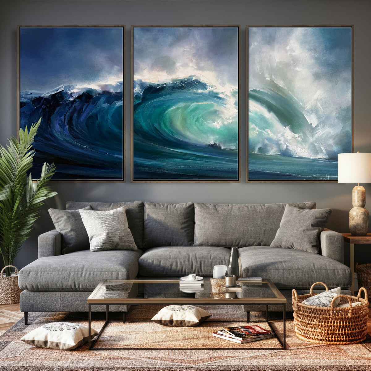 Ocean Wave Canvas Wall Art, Dramatic Teal Blue Seascape Oil