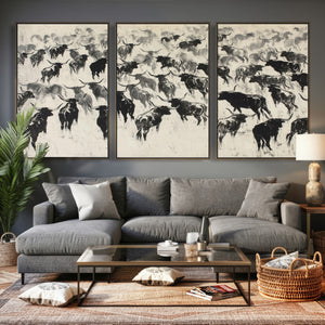 Longhorn Cattle Canvas Wall Art, Black White Stampede Ink