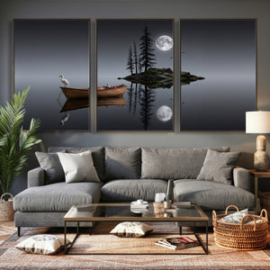 Moonlit Lake Canvas Wall Art, Dreamy Boat Heron Full Moon