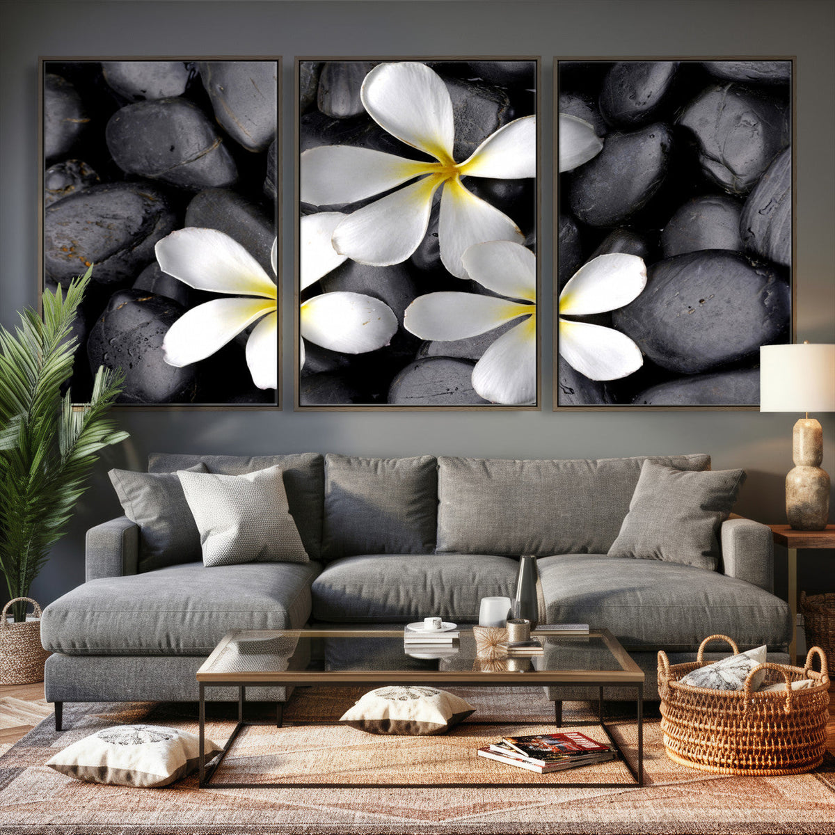 Plumeria Frangipani Black Stone Canvas | White Flower Spa
