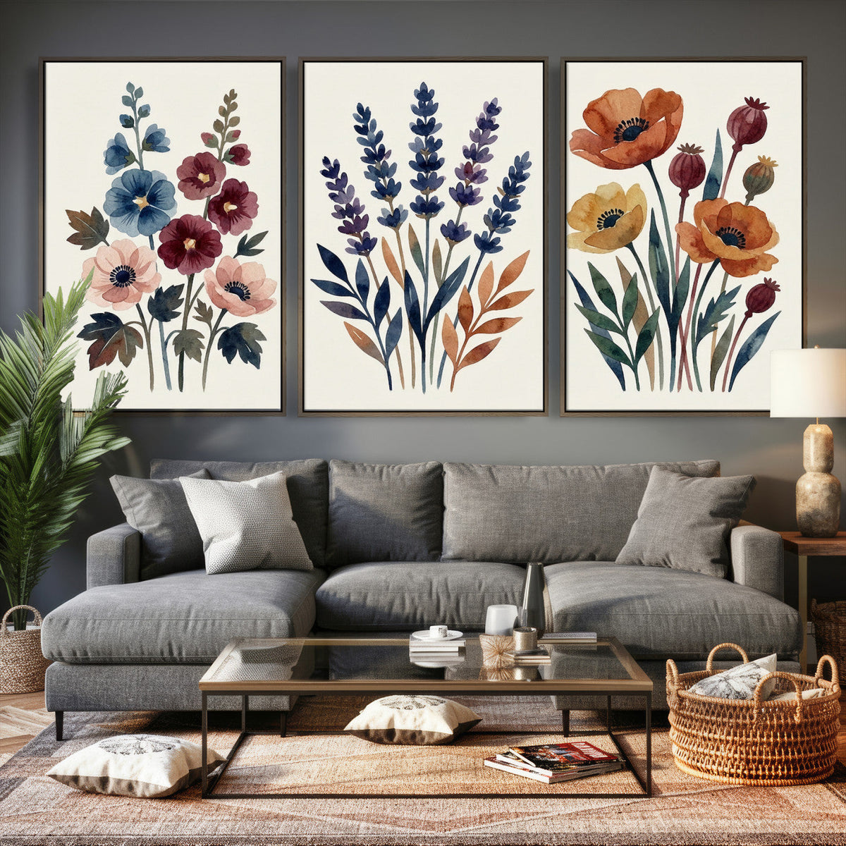 Watercolor Botanical Canvas Wall Art Set, Navy Terracotta