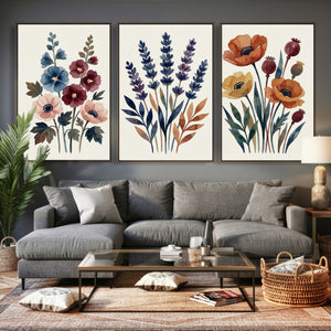 Watercolor Botanical Canvas Wall Art Set, Navy Terracotta