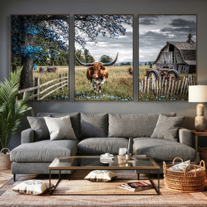 Texas Longhorn Canvas Wall Art, Rustic Farm Barn Bluebonnet