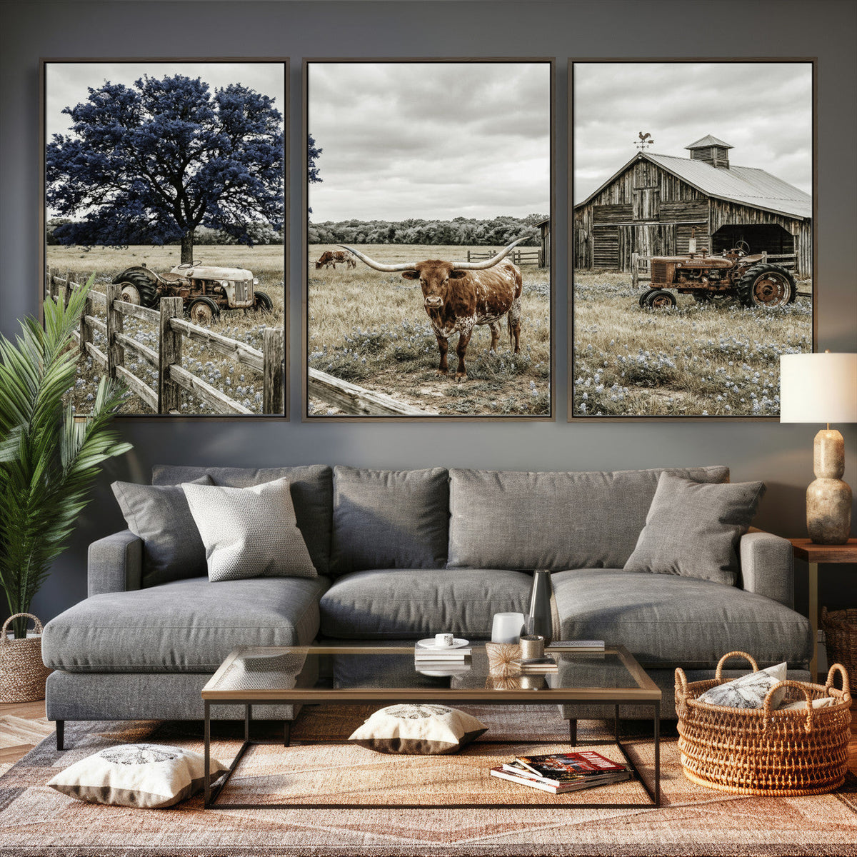 Texas Longhorn Canvas Wall Art, Rustic Farm Barn Bluebonnet