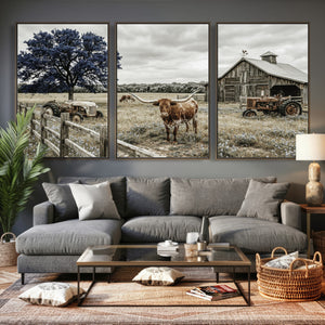 Texas Longhorn Canvas Wall Art, Rustic Farm Barn Bluebonnet